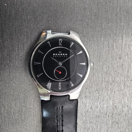 Skagen Denmark Watch Men 34mm Black Dial Silver Tone Round 433LSLB New Battery0