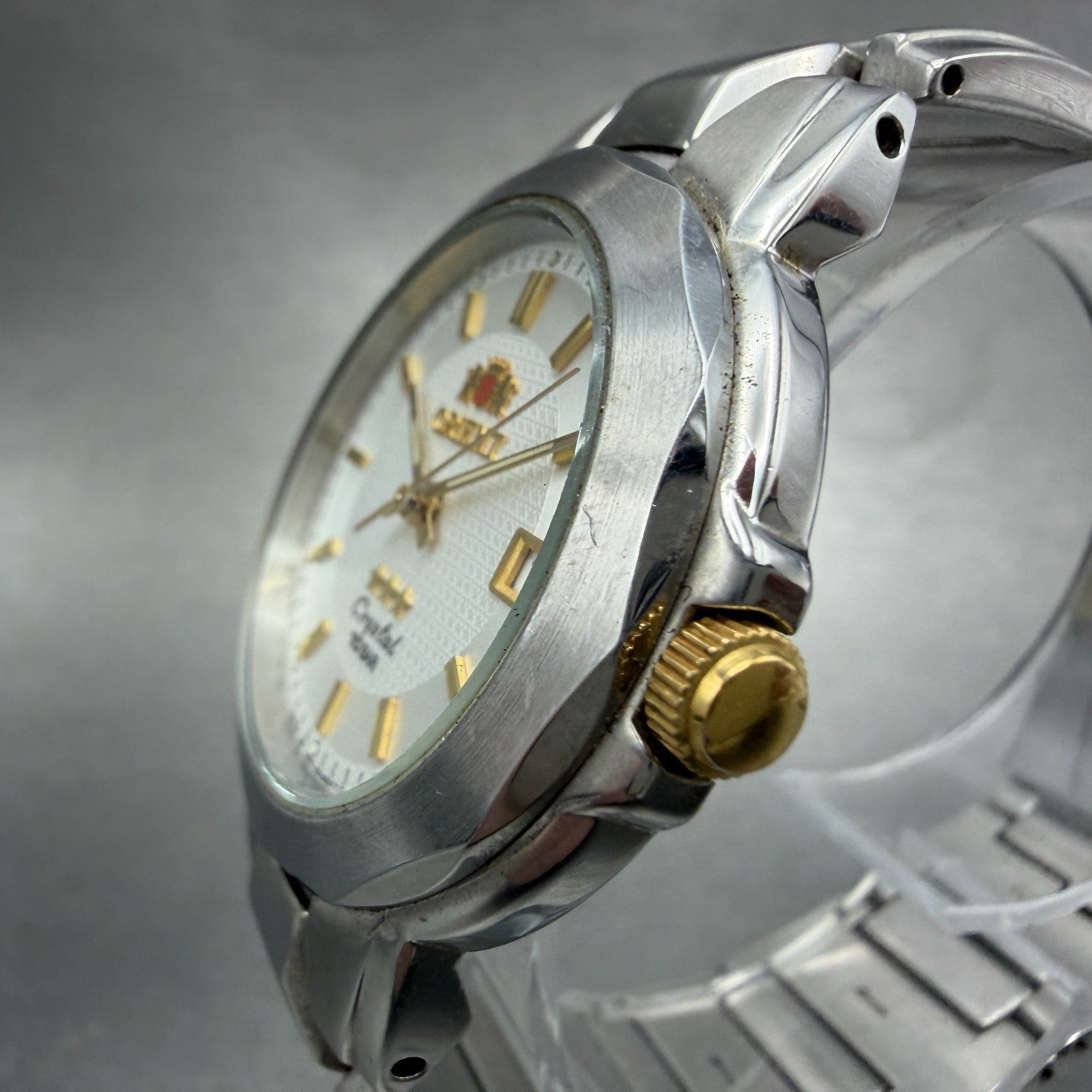 Orient Crystal Tri Star Watch Men 36mm White Dial Steel Date Round New Battery2