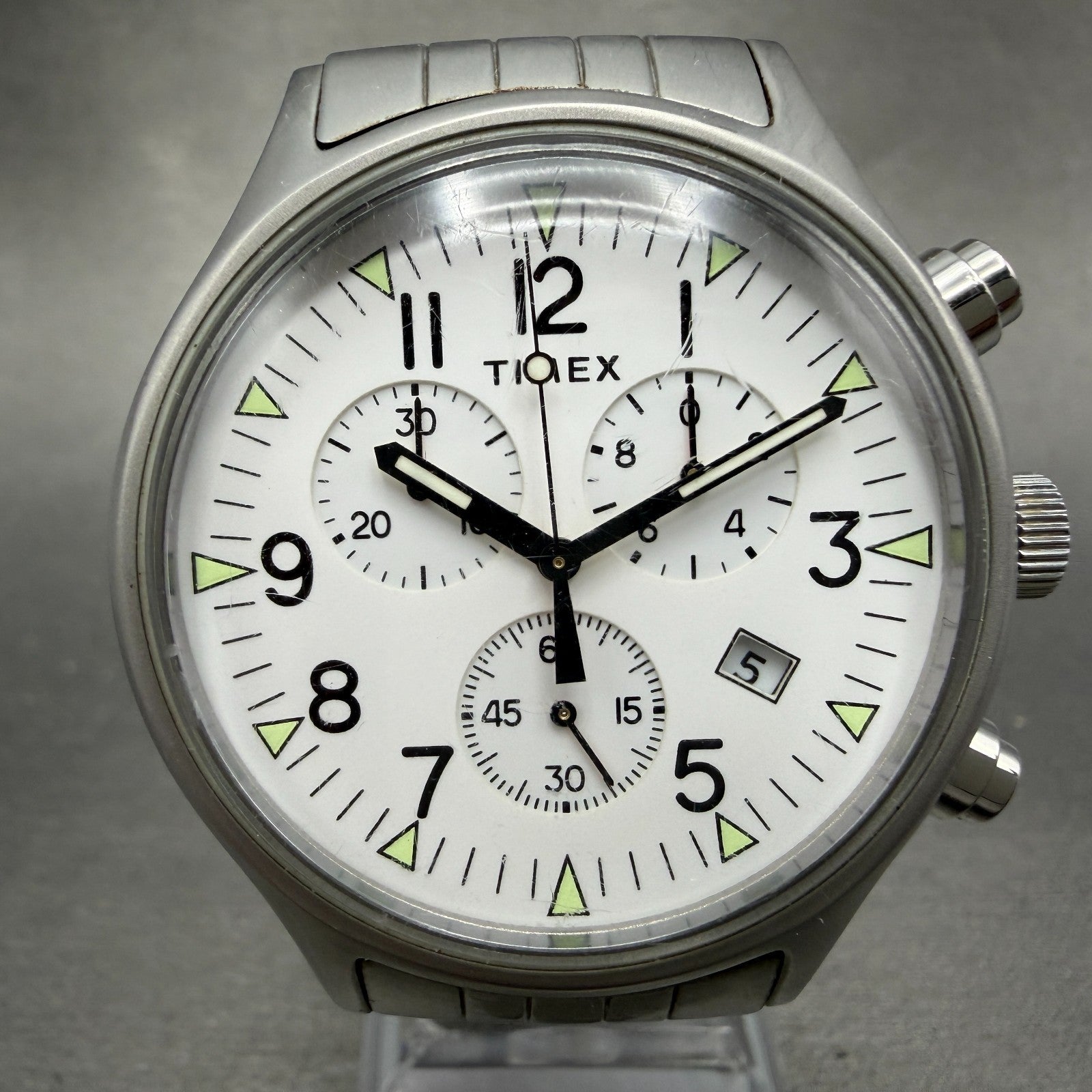 Timex MK1 Chronograph Watch Men 42mm White Dial Steel Date Round New battery0