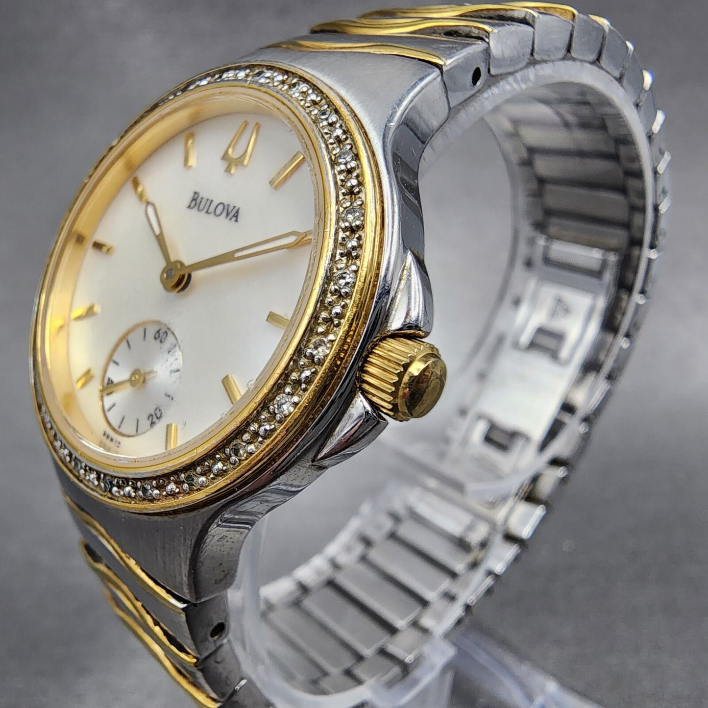 Bulova Watch Women 29mm MOP Dial Two Tone Diamond Bezel Round New Battery 98W122