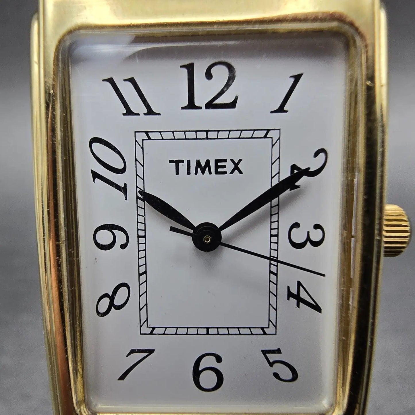 Timex Watch Men 23mm White Dial Gold Tone Rectangle New Battery VTG Leather Band1