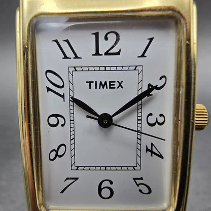 Timex Watch Men 23mm White Dial Gold Tone Rectangle New Battery VTG Leather Band1