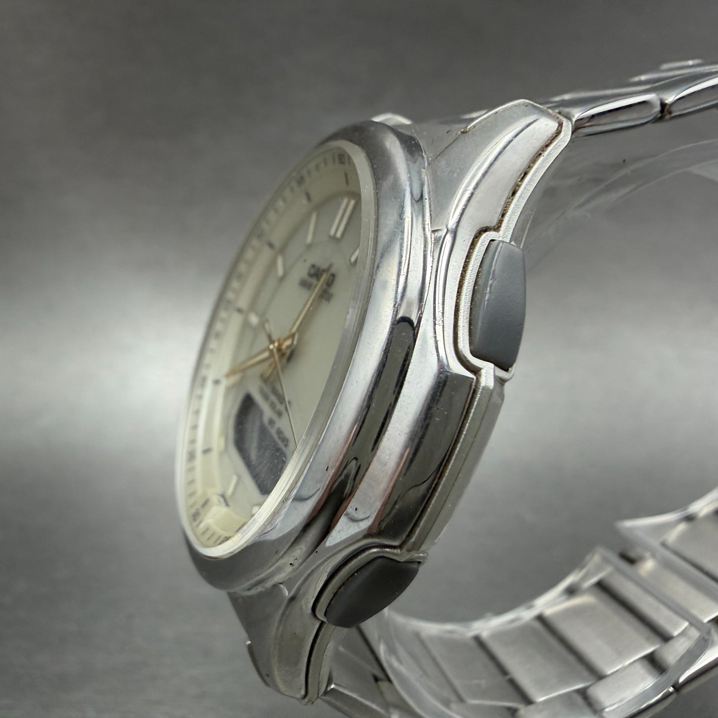 Casio Wave Ceptor Watch Men 42mm Cream Dial Steel Solar Analog Digital Works OPT2