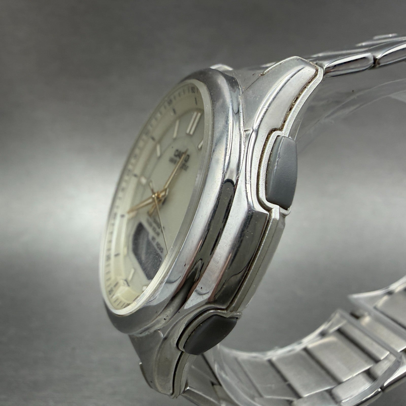 Casio Wave Ceptor Watch Men 42mm Cream Dial Steel Solar Analog Digital Works OPT2