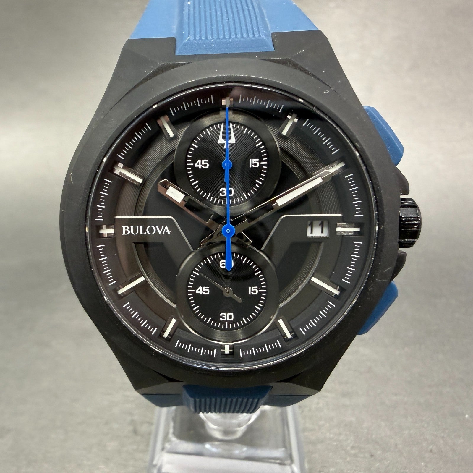Bulova Maquina Chronograph Watch Men 46mm Black Dial Black Tone Date 98B380 Runs0