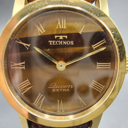 Technos Queen Extra Watch Women 23mm Tiger-eye Dial Gold Filled Manual Wind Runs