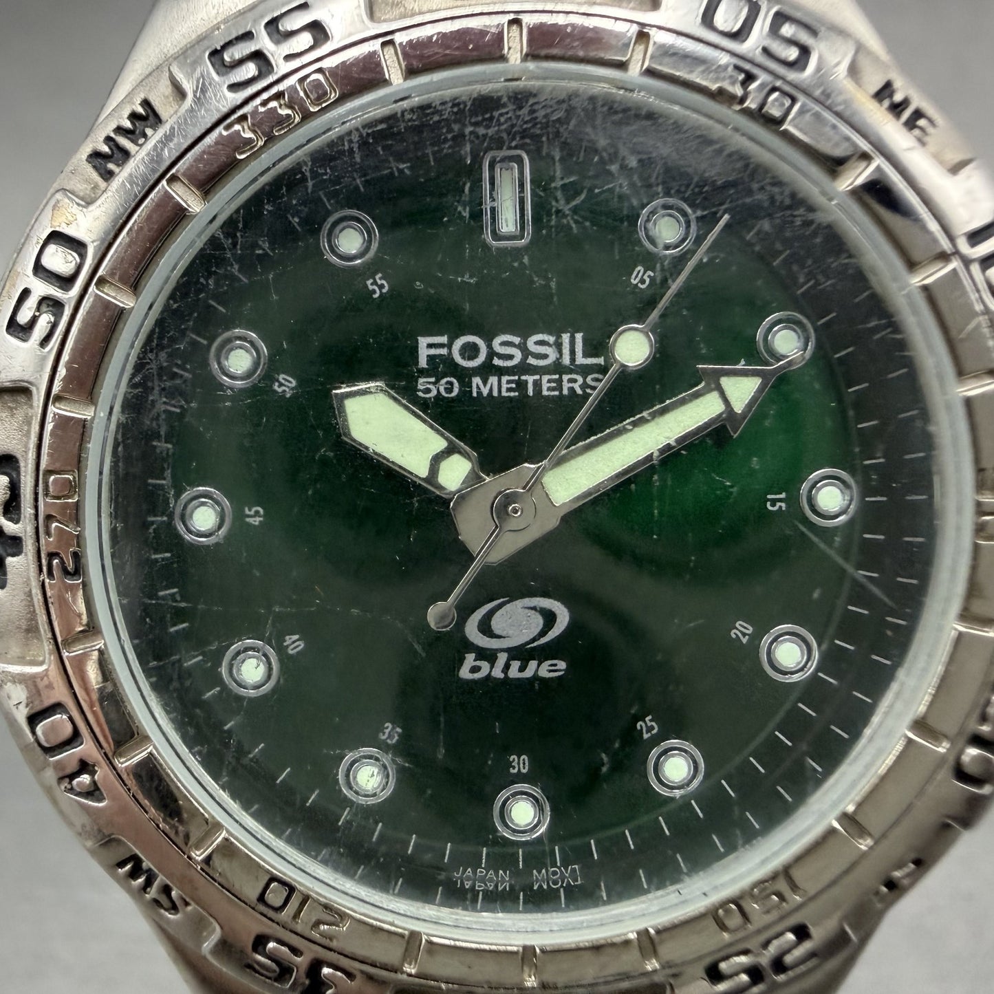 Fossil Dive Watch Men 40mm Green Dial Silver Tone Round BQ-8775 New Battery1