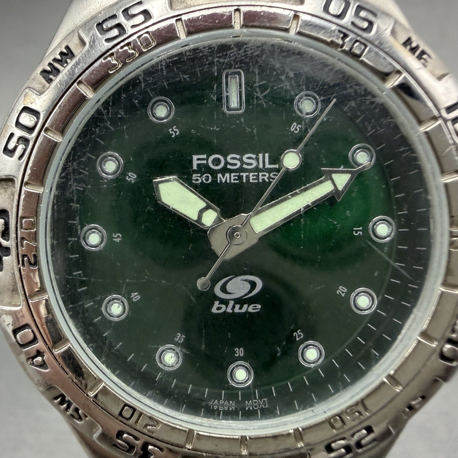 Fossil Dive Watch Men 40mm Green Dial Silver Tone Round BQ-8775 New Battery1