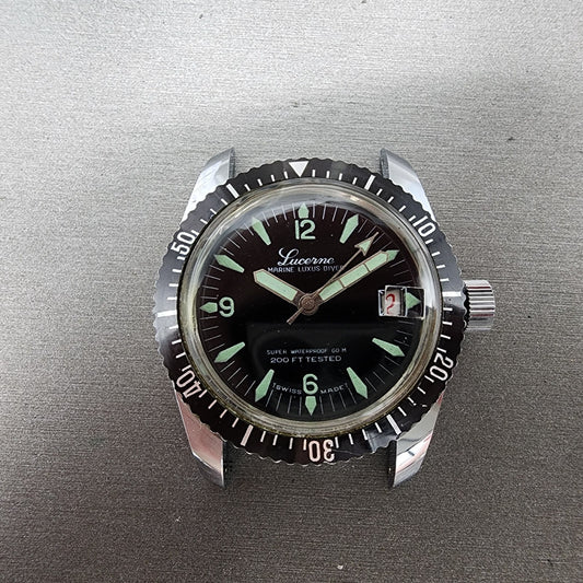 Lucerne Marine Luxus Diver Watch Men 36mm Black Dial Silver Tone Date  PARTS
