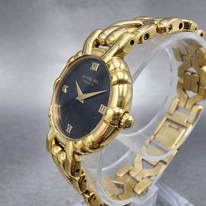 Raymond Weil Watch Women 24mm Black Dial Gold Plated Round 3747 New Battery2