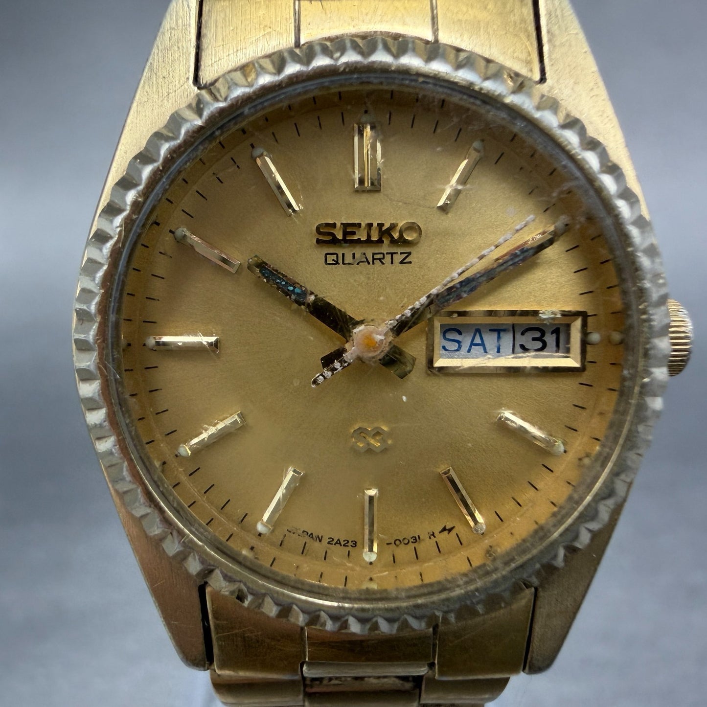 Seiko SQ Watch Women 24mm Champagne Dial Gold Tone Daydate 2a23-0030 New Batt GV1
