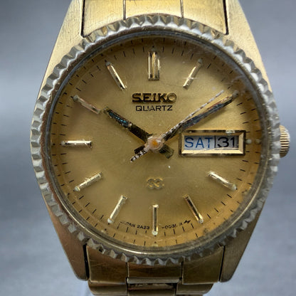 Seiko SQ Watch Women 24mm Champagne Dial Gold Tone Daydate 2a23-0030 New Batt GV1