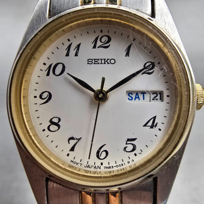 Seiko Watch Women 24mm White Dial Two Tone Daydate Round 7N83-0011 New Battery1