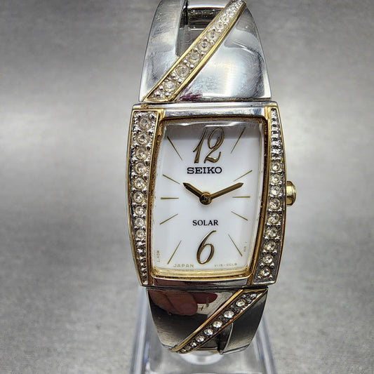 Seiko Solar Tank Watch Women 20mm White Dial Two Tone Crystal Bezel V1150BB00