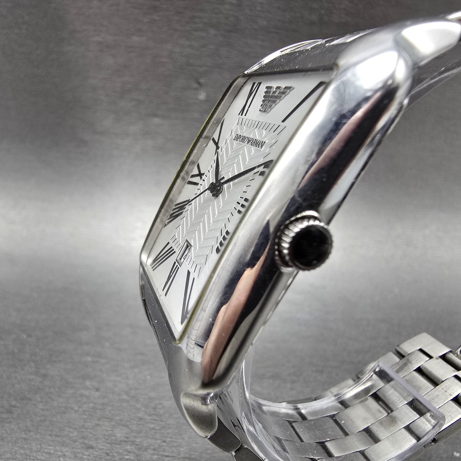 Emporio Armani Tank Watch Men 35mm White Dial Steel Date Rectangle New Battery D2