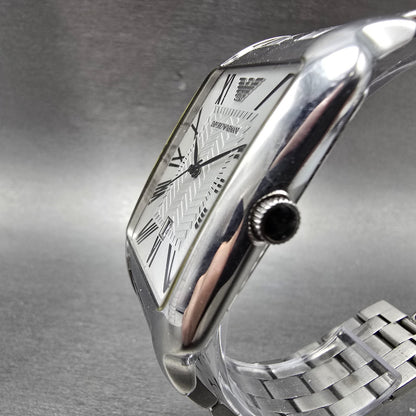 Emporio Armani Tank Watch Men 35mm White Dial Steel Date Rectangle New Battery D2