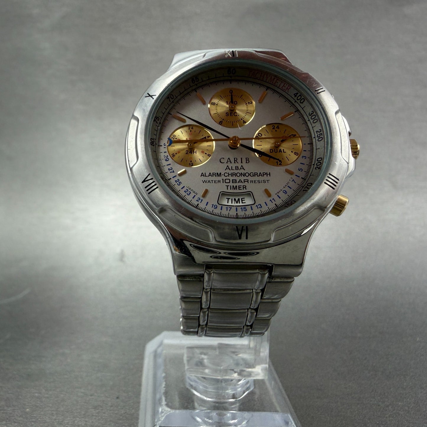 Seiko ALBA Carib Watch Men 36mm Silver Dial Steel Alarm Chrono N944-6A30 NewBatA5