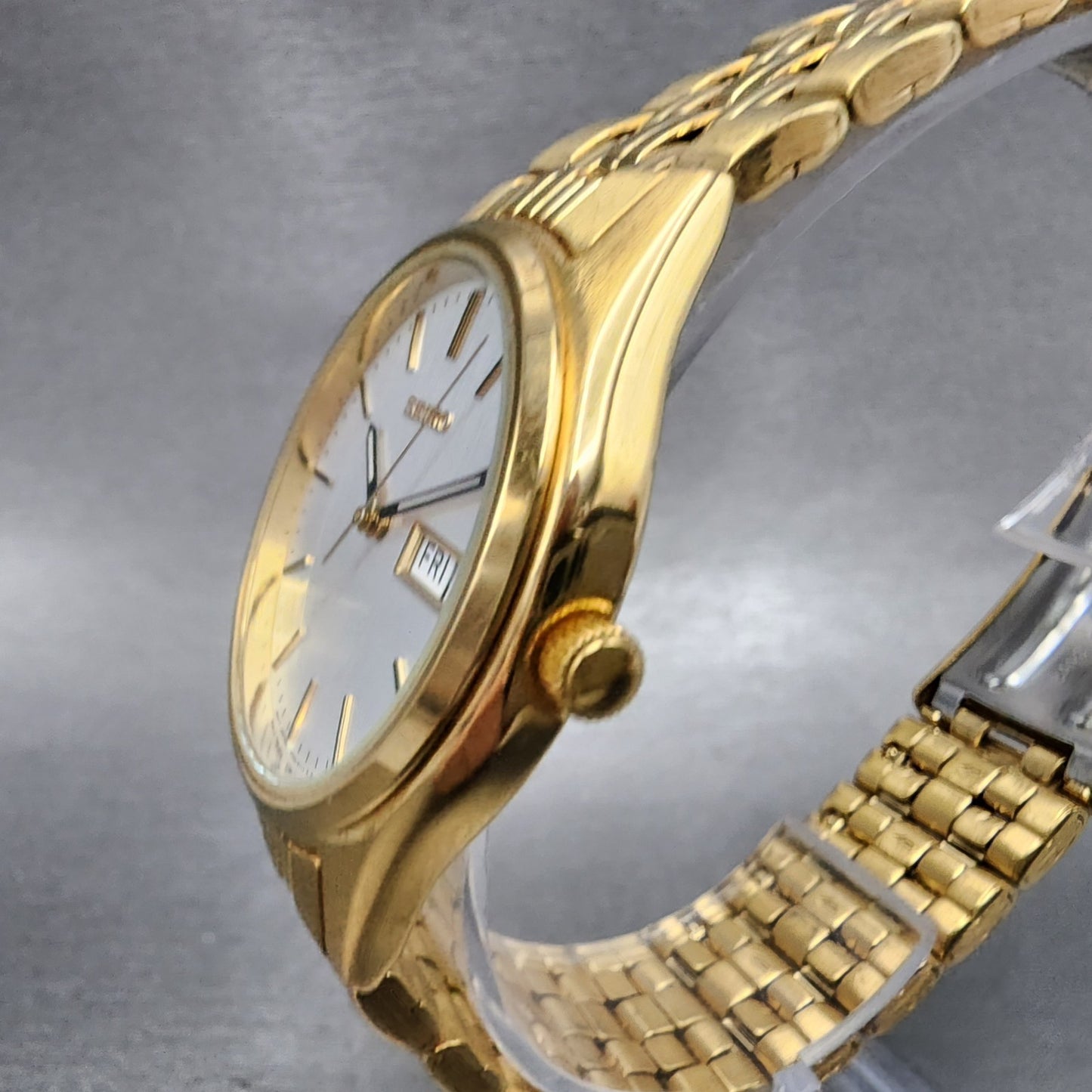 Seiko Watch Men 37mm Silver Dial Gold Tone Daydate Round V7439009 New Battery2