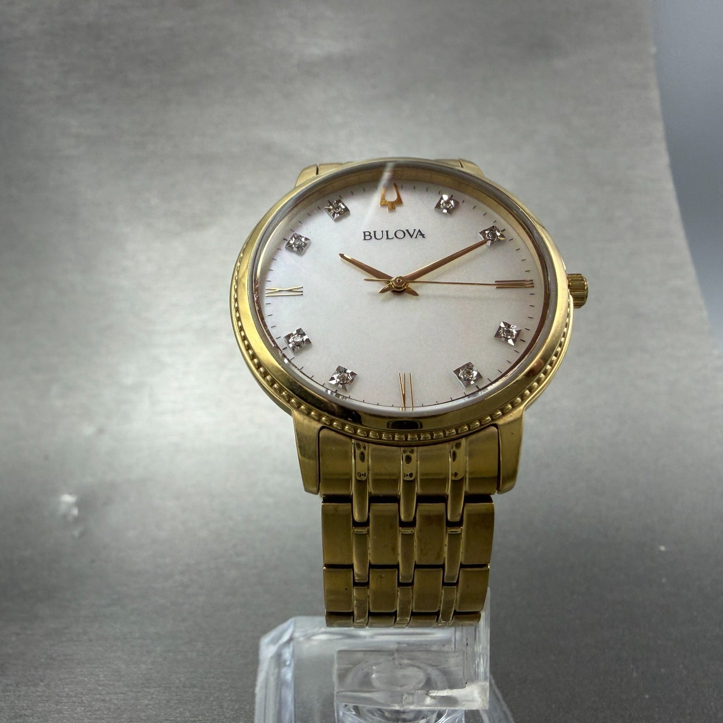 Bulova Watch Women 34mm MOP Dial Gold Tone Round 97P134 New Battery5