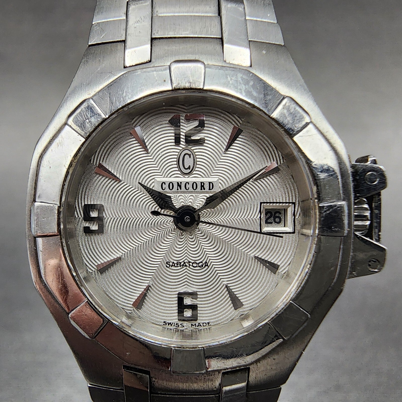 Concord Saratoga Watch Women 25mm White Dial Stainless Steel Date Round New Batt1