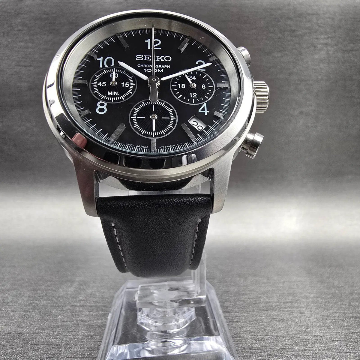 Seiko Chronograph Watch Men 40mm Black Dial Silver Tone Date 6T63-00A0 New Batt5