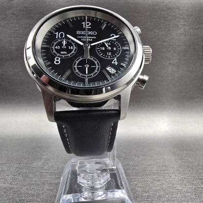 Seiko Chronograph Watch Men 40mm Black Dial Silver Tone Date 6T63-00A0 New Batt5