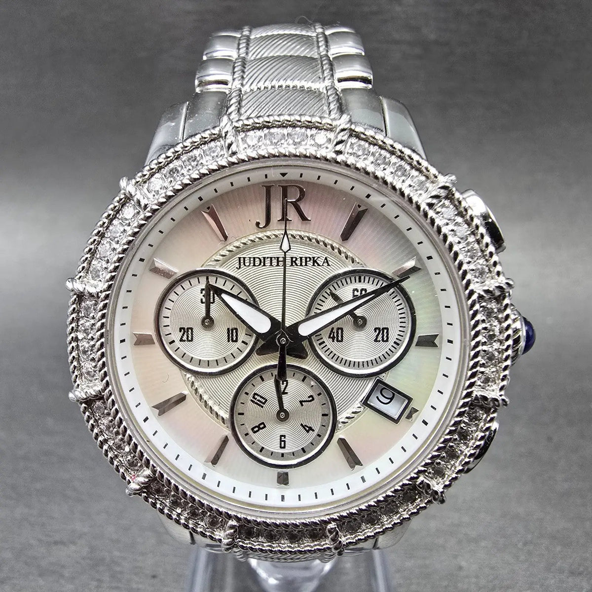 Judith Ripka Chronograph Watch Women 38mm MOP Dial Date Crystals Steel New Batt0