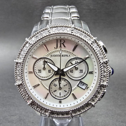 Judith Ripka Chronograph Watch Women 38mm MOP Dial Date Crystals Steel New Batt0