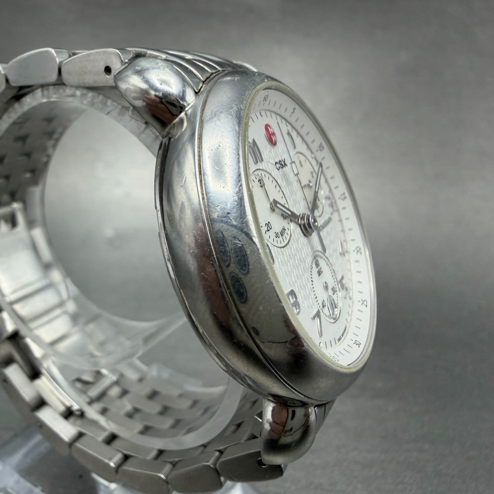 Michele CSX Chronograph Watch Women 39mm White Dial Steel Date Round New Battery3