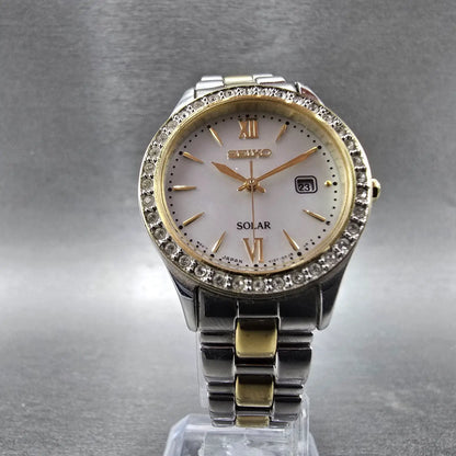 Seiko Solar Watch Women 28mm MOP Dial Two Tone Date Gemmed V137-0AA0 Works JP 955