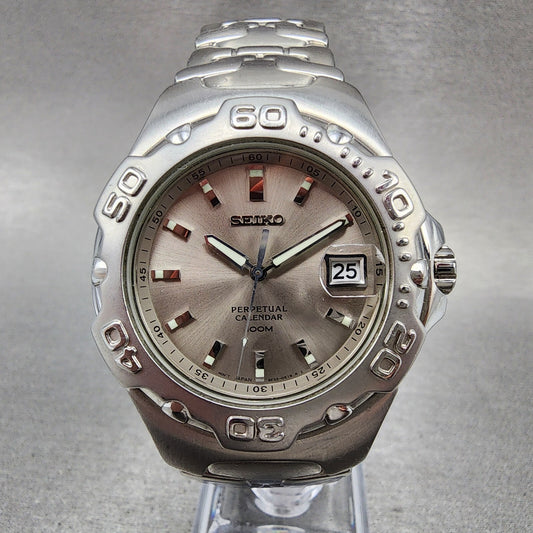 Seiko Perpetual Calendar Watch Men 39mm Silver Dial Steel Date Round New Battery