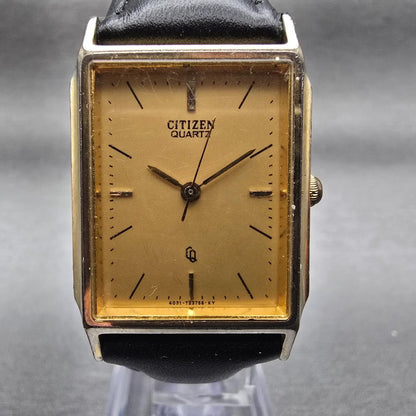 Citizen CQ Tank Watch Men 24mm Gold Dial Gold Tone Rectangle 4031-915267 New Bat1