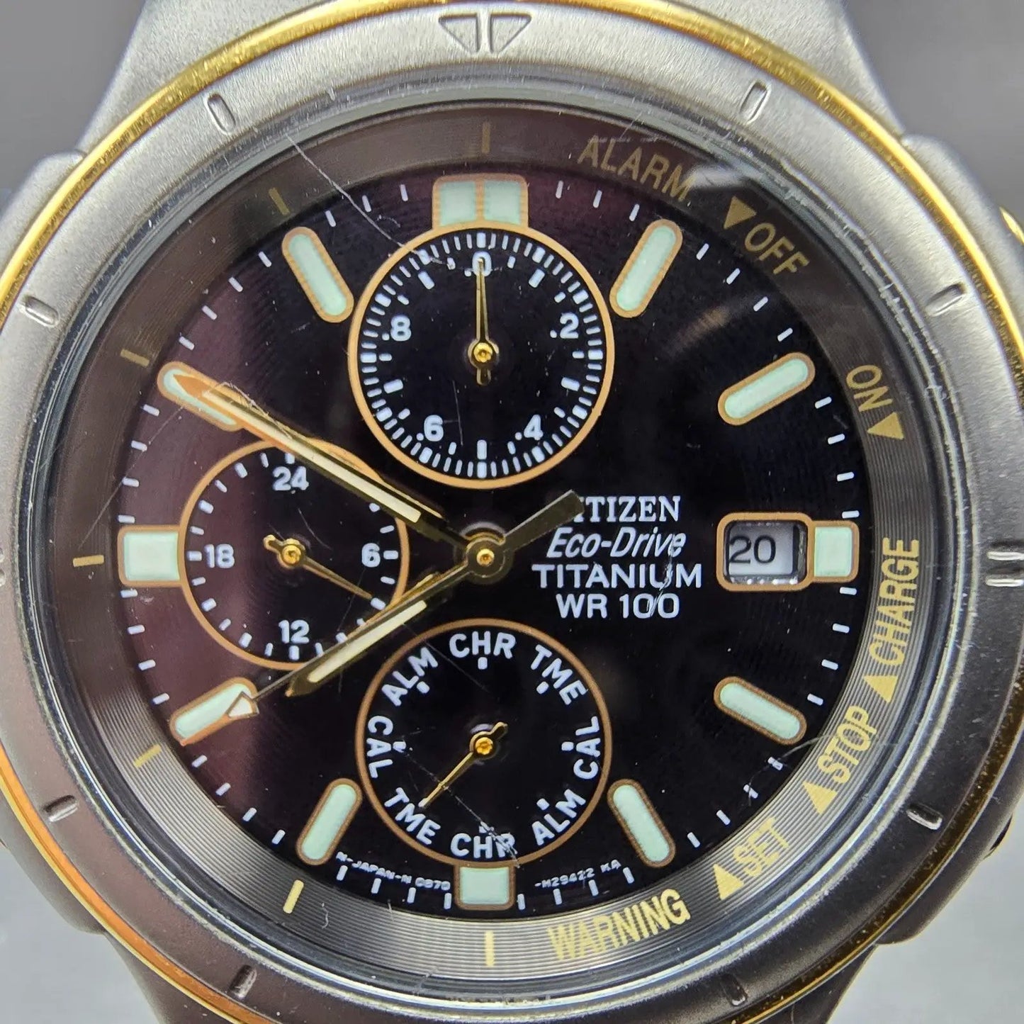 Citizen Eco-Drive Watch Men 38mm Black Dial Two Tone Titanium Alarm Chrono Runs2