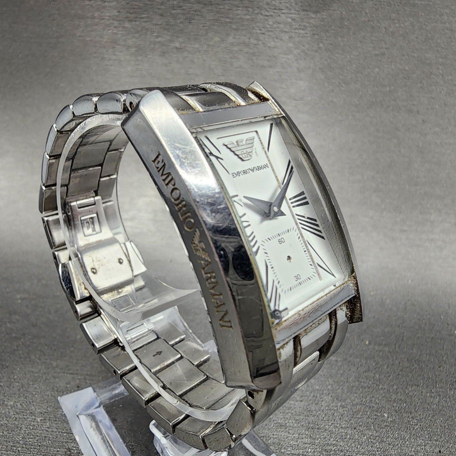 Emporio Armani Tank Watch Men 25mm White Dial Steel Small Seconds AR0146 PARTS4