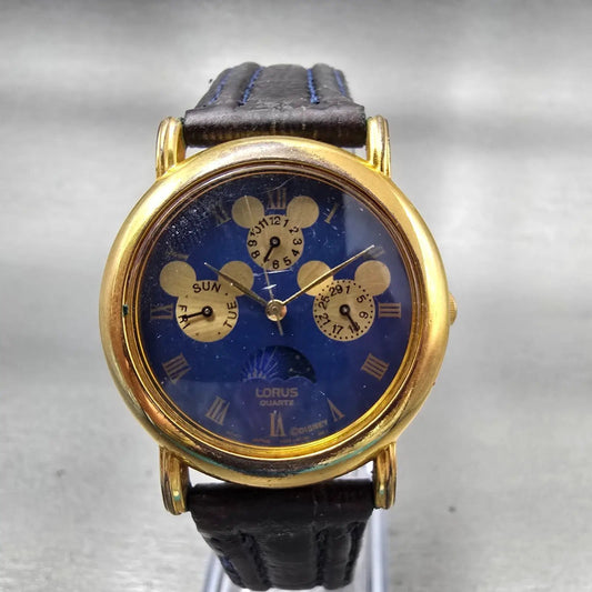 Lorus Mickey Mouse Watch Men 33mm Blue Dial Gold Sun Moon V33F-6C40 New Battery0