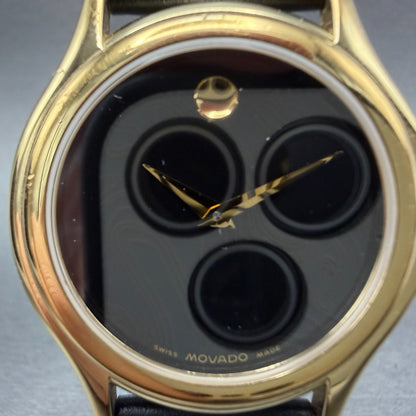Movado Museum Watch Men 35mm Black Dial Gold Tone Round 87 E4 0863 W/Box New Bat2