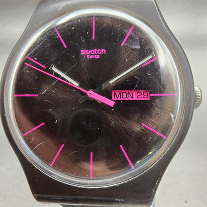 Swatch BROWN REBEL Watch Men 41mm Brown Dial Brown Daydate Round SUOC700 NewBatt1