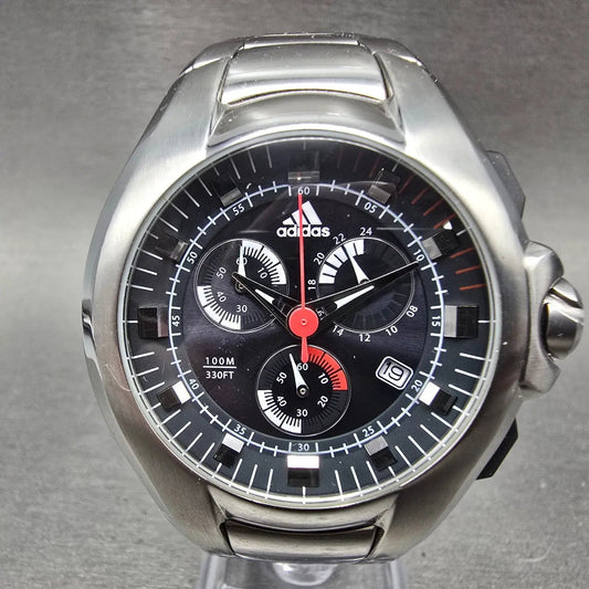Adidas Chronograph Watch Men 42mm Black Dial Silver Tone Round Date New battery0