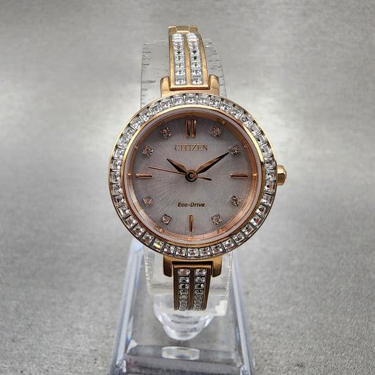Citizen EcoDrive Silhouette Crystal Watch Women 25mm MOP Dial Rose Gold Tone BA0