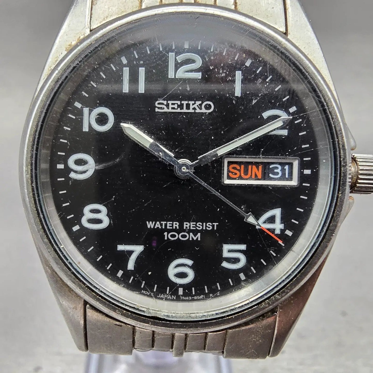 Seiko Watch Men 35mm Black Dial Silver Tone Daydate Round 7N43-8329 New BatteryP1