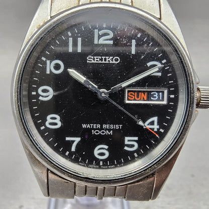 Seiko Watch Men 35mm Black Dial Silver Tone Daydate Round 7N43-8329 New BatteryP1