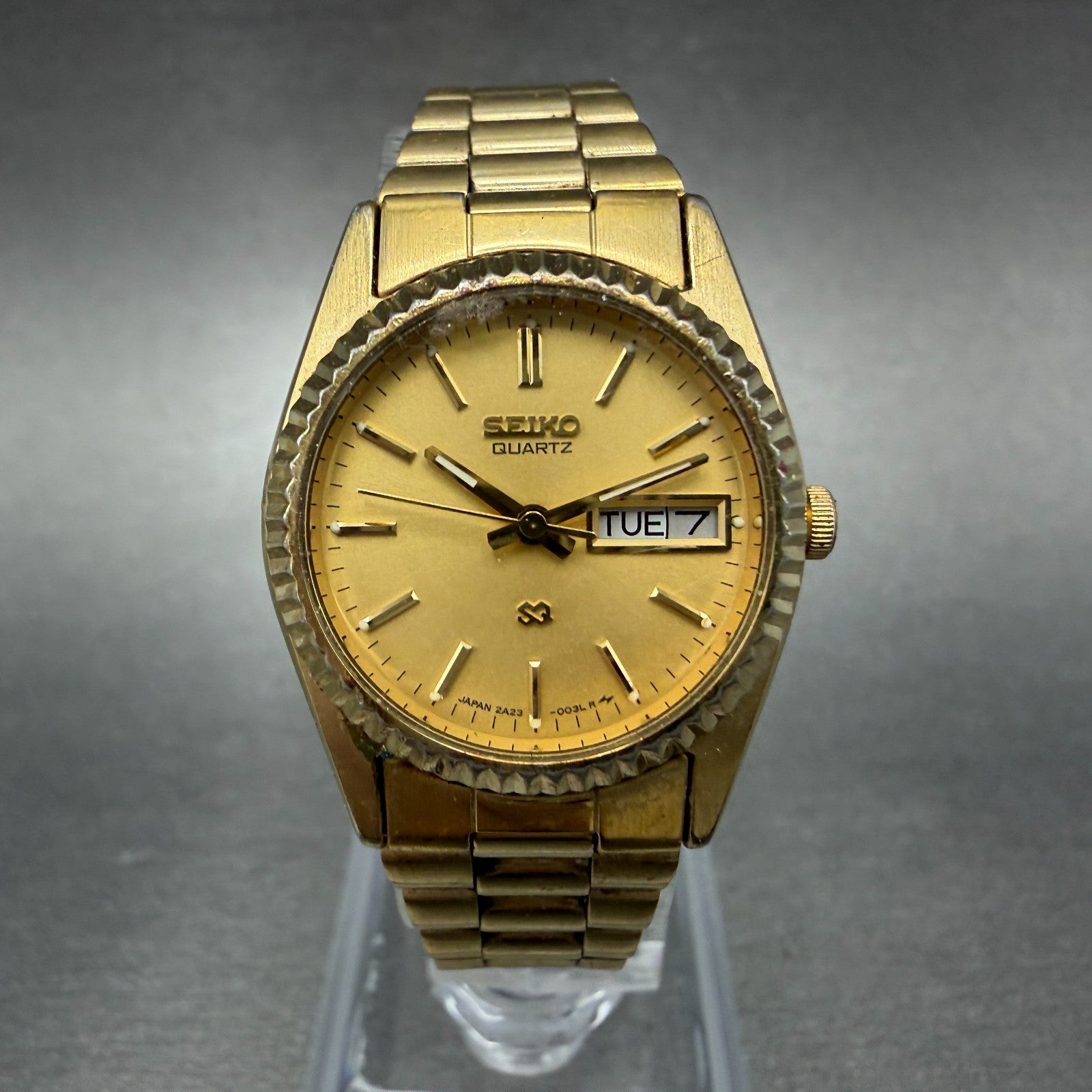 Seiko SQ Watch Women 24mm Champagne Dial Gold Tone Daydate 2a23-0030 New BattLPA0