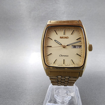 Seiko Chronos Watch Men 30mm Champagne Dial Gold Tone Daydate 5h23-5110 New Batt