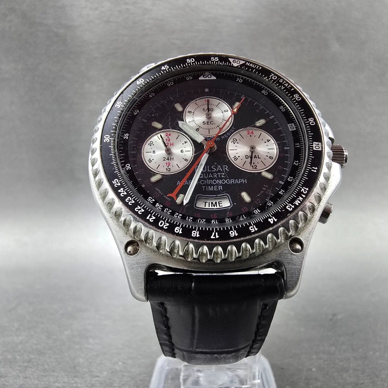 Seiko Pulsar Chronograph Watch Men 41mm Black Dial Silver Alarm Date N945 NewBat6
