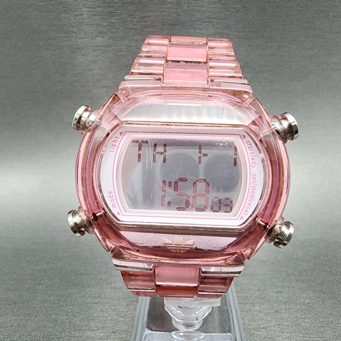 Adidas Digital Watch Women 44mm LCD Display Pink Clear Case Oval New Battery0