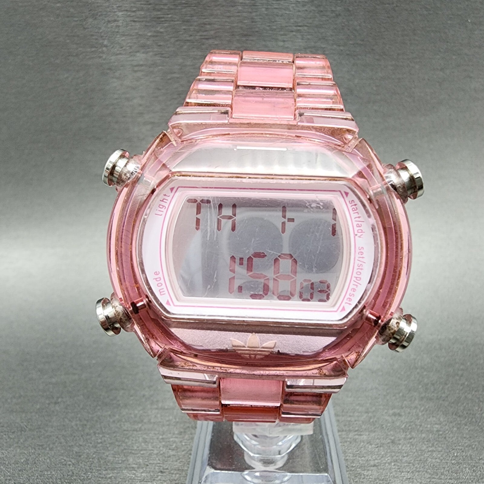 Adidas Digital Watch Women 44mm LCD Display Pink Clear Case Oval New Battery0