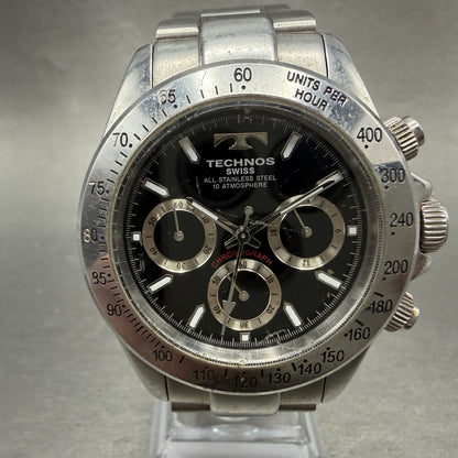 Technos Chronograph Watch Men 40mm Black Dial Silver Tone TGM615 New Battery0