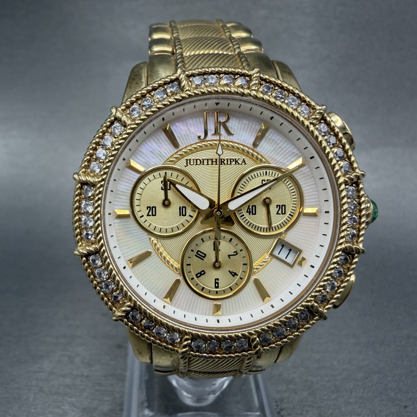 Judith Ripka Chronograph Watch Women 38mm MOP Dial Date Crystal Bezel New Batt0