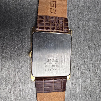Seiko Tank Watch Men 25mm Gold Dial Gold Tone Rectangle V700-5K30 New Battery JP10