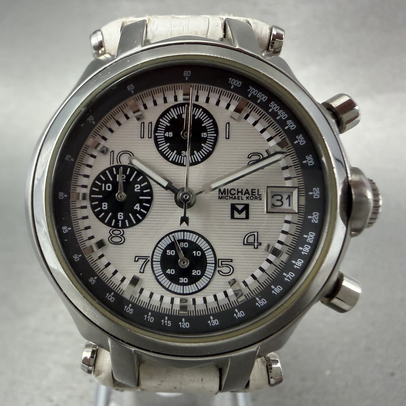 Michael Kors Chronograph Watch Women 36mm White Dial Silver Tone date New BattAB1